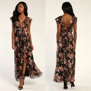 Lulus I'm All Yours Black Floral Print Ruffled Maxi Dress XS Wedding Party Event